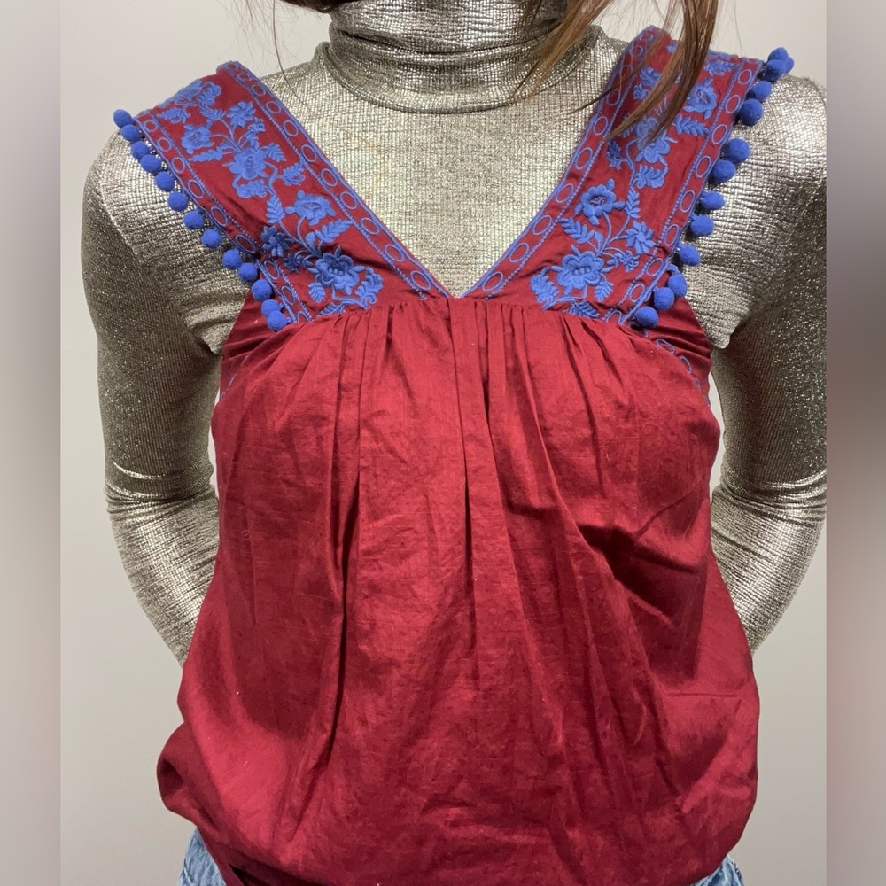 J. Crew Embroidered Pom-Pom Tank Top – Burgundy Cotton Boho Style - Size 4